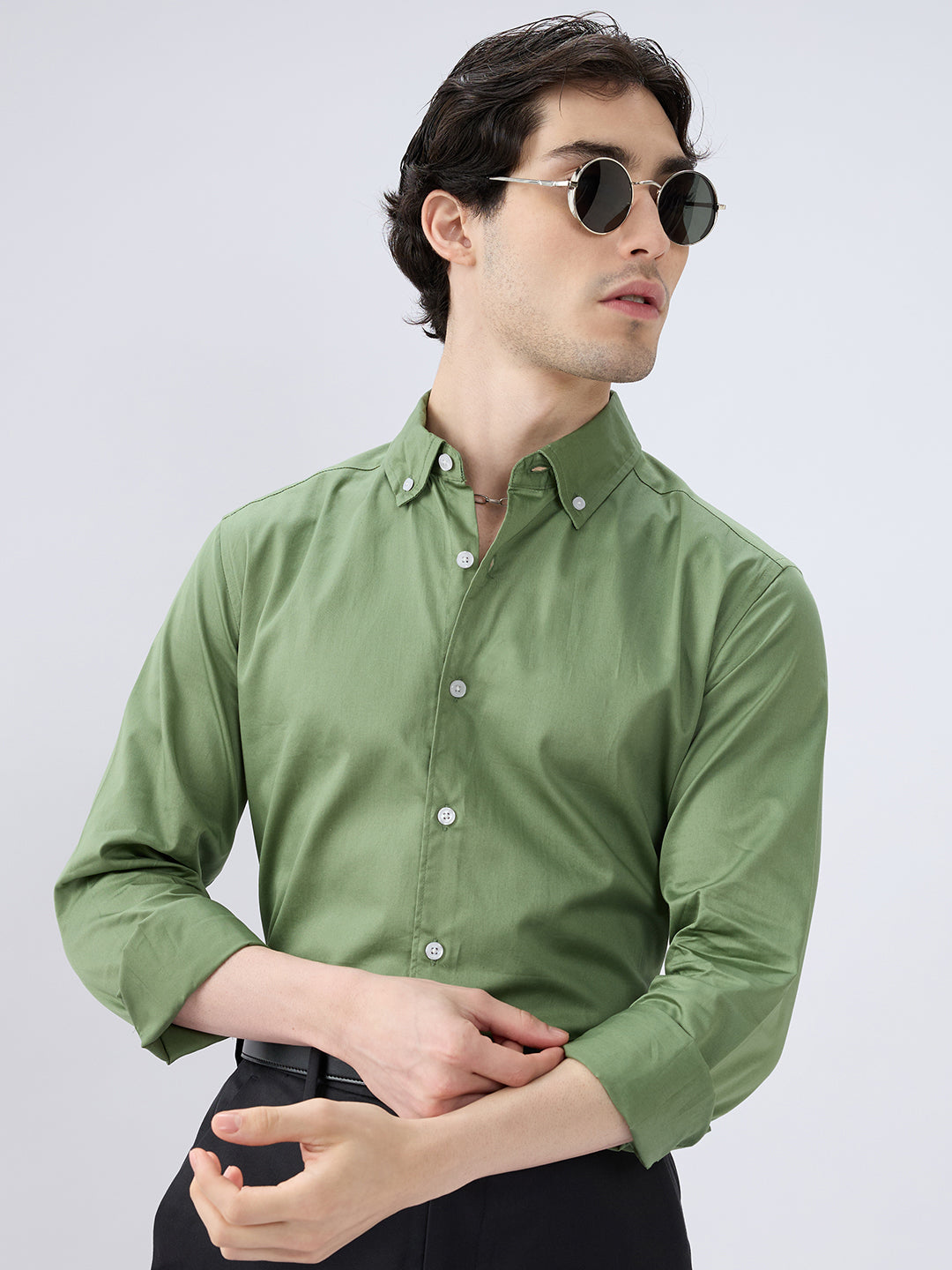 Forest Sheen Luxe Satin Button-down Collar Shirt
