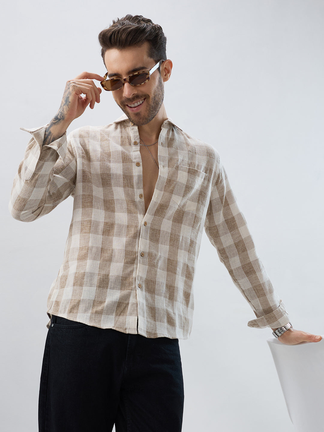 Vintage Khaki Linen Blend Square Checks Jacquard Shirt
