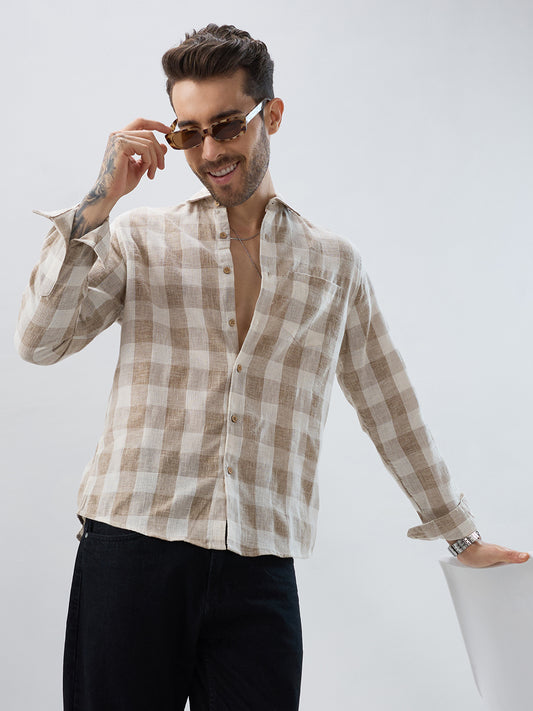 Vintage Khaki Linen Blend Square Checks Jacquard Shirt
