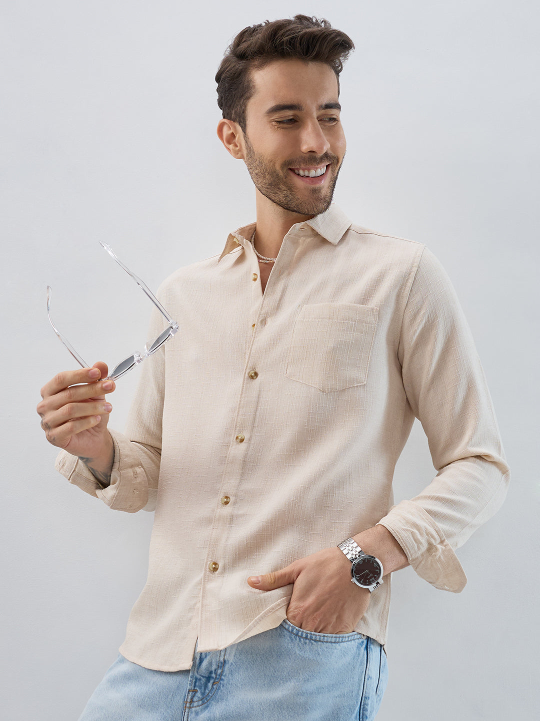 Elegant Cream Slub Textured Shirt