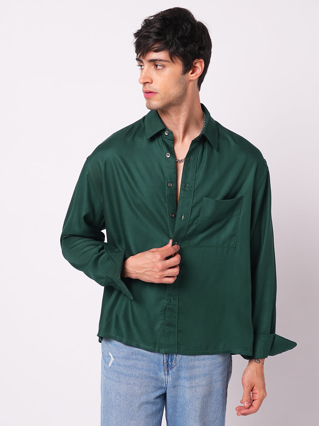 Solid Sacramento Green Boxy Fit Crop Shirt