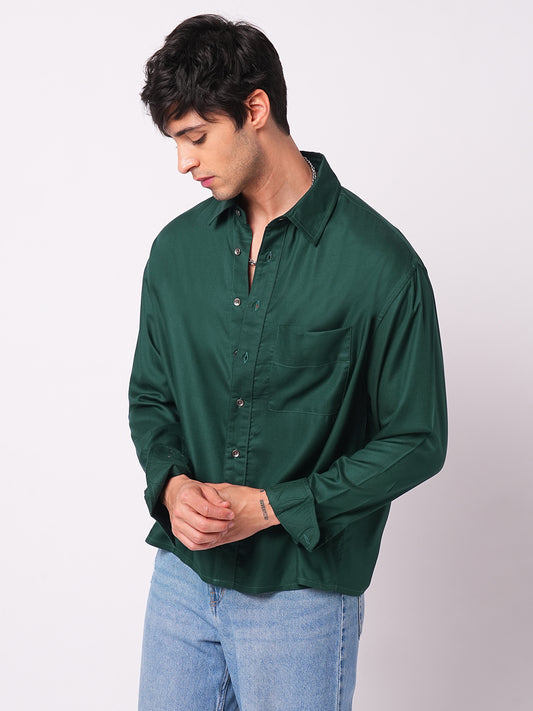 Solid Sacramento Green Boxy Fit Crop Shirt