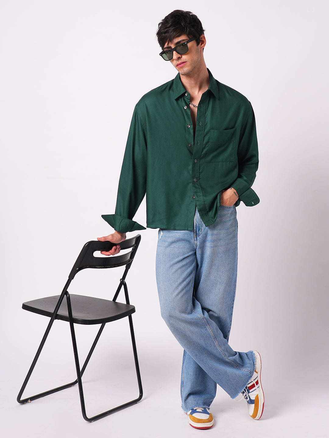 Solid Sacramento Green Boxy Fit Crop Shirt