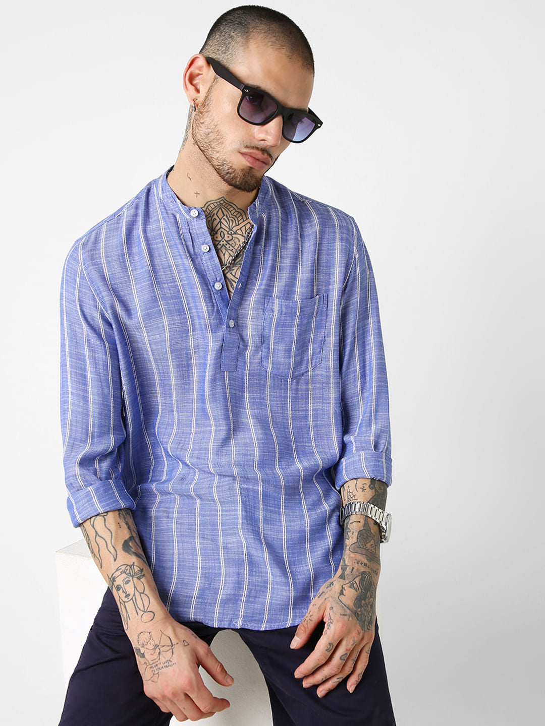 Steel Blue Striped Kurta