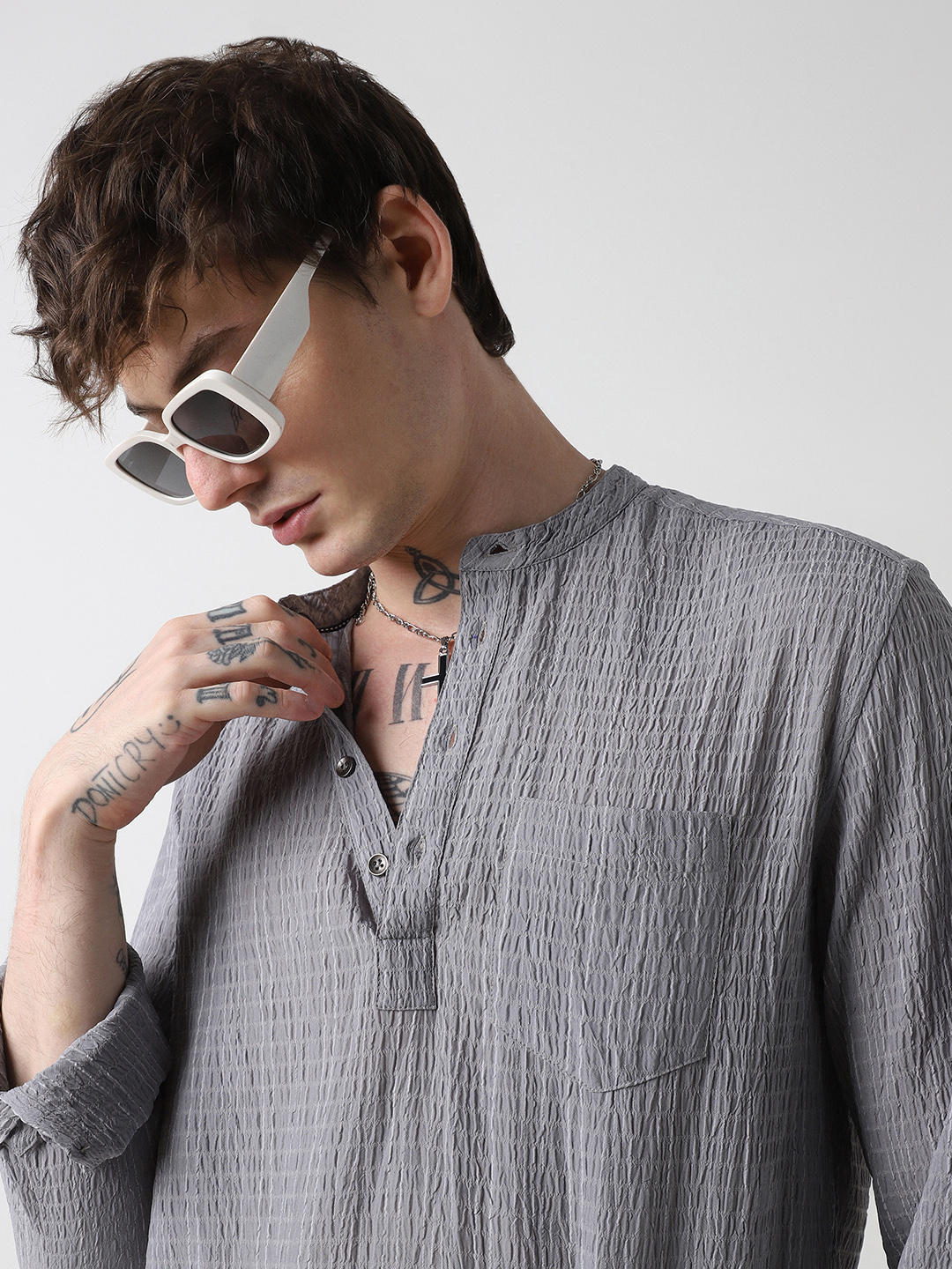 Grey Shadow Striped Crinkled Kurta