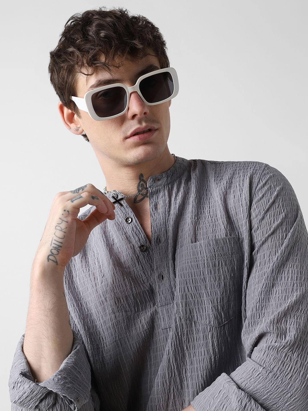 Grey Shadow Striped Crinkled Kurta