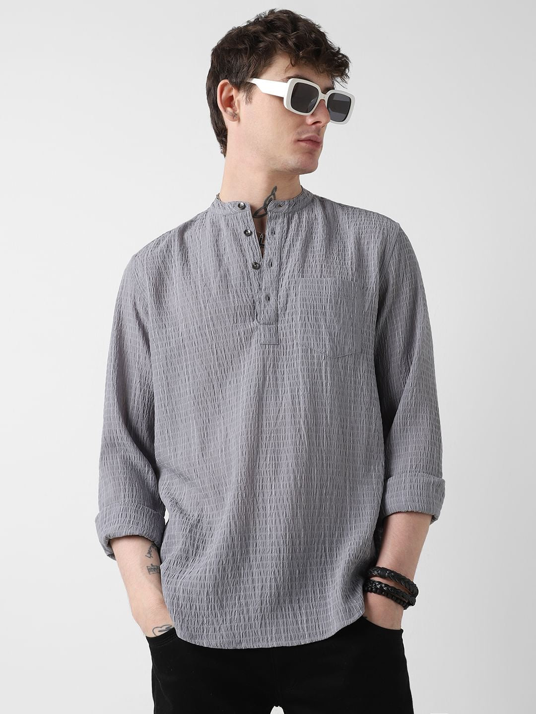 Grey Shadow Striped Crinkled Kurta