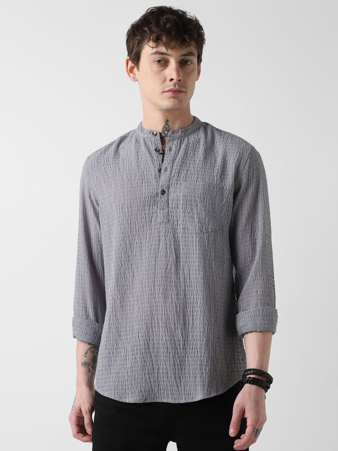 Grey Shadow Striped Crinkled Kurta