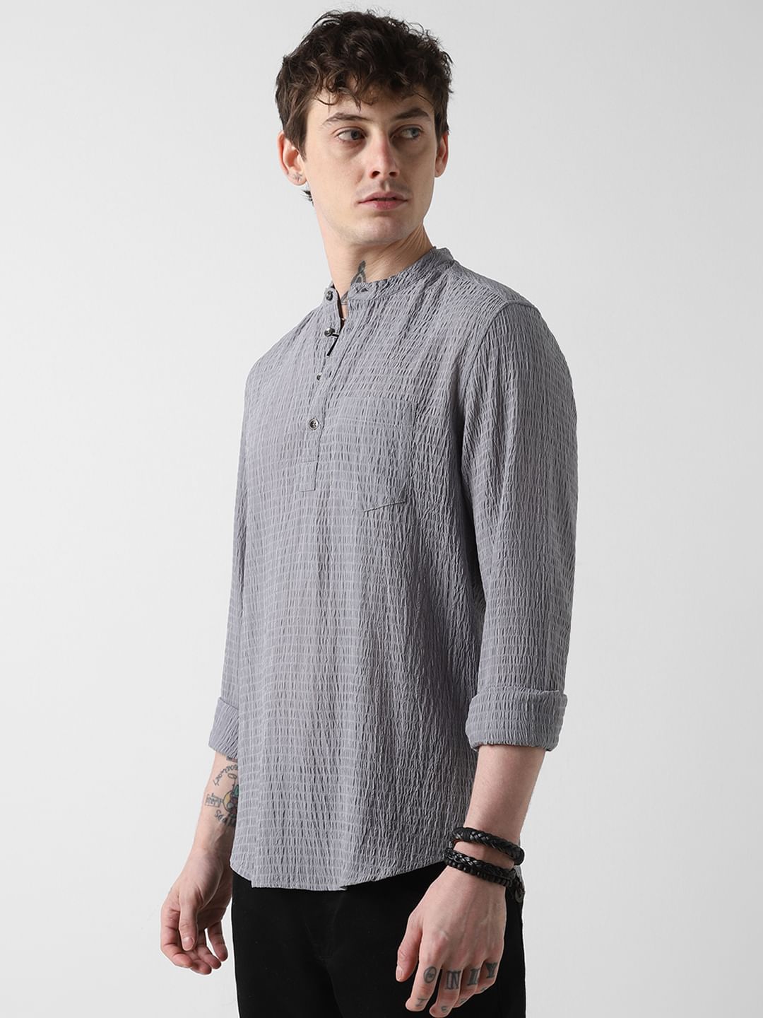 Grey Shadow Striped Crinkled Kurta