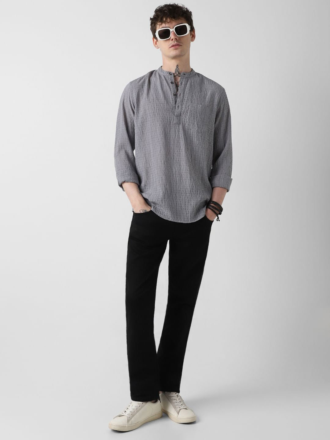 Grey Shadow Striped Crinkled Kurta