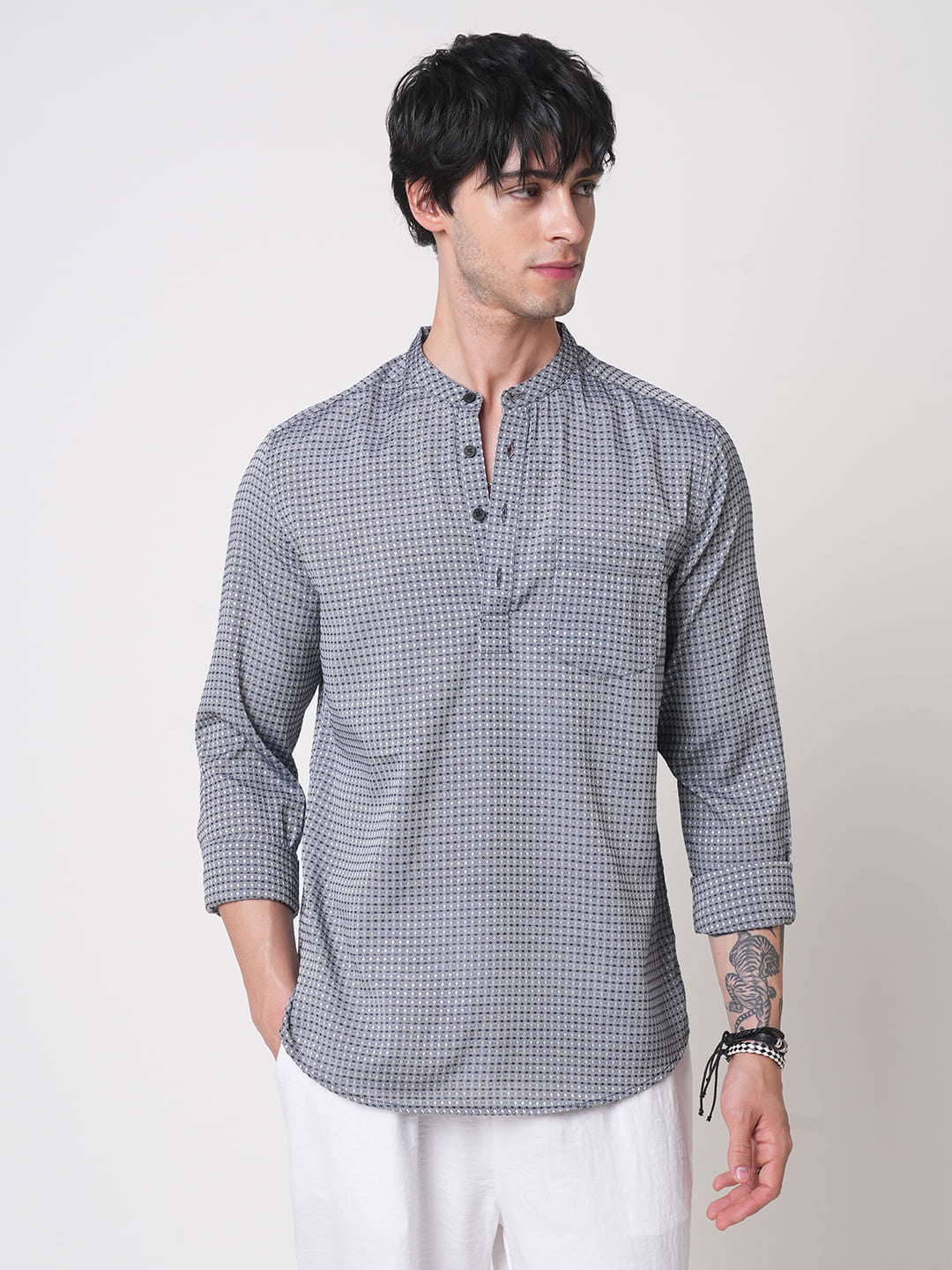 Premium Cotton Navy & Grey Diamond Dobby Kurta