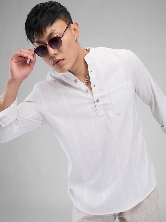 Grey Melange Dobby Striped Kurta