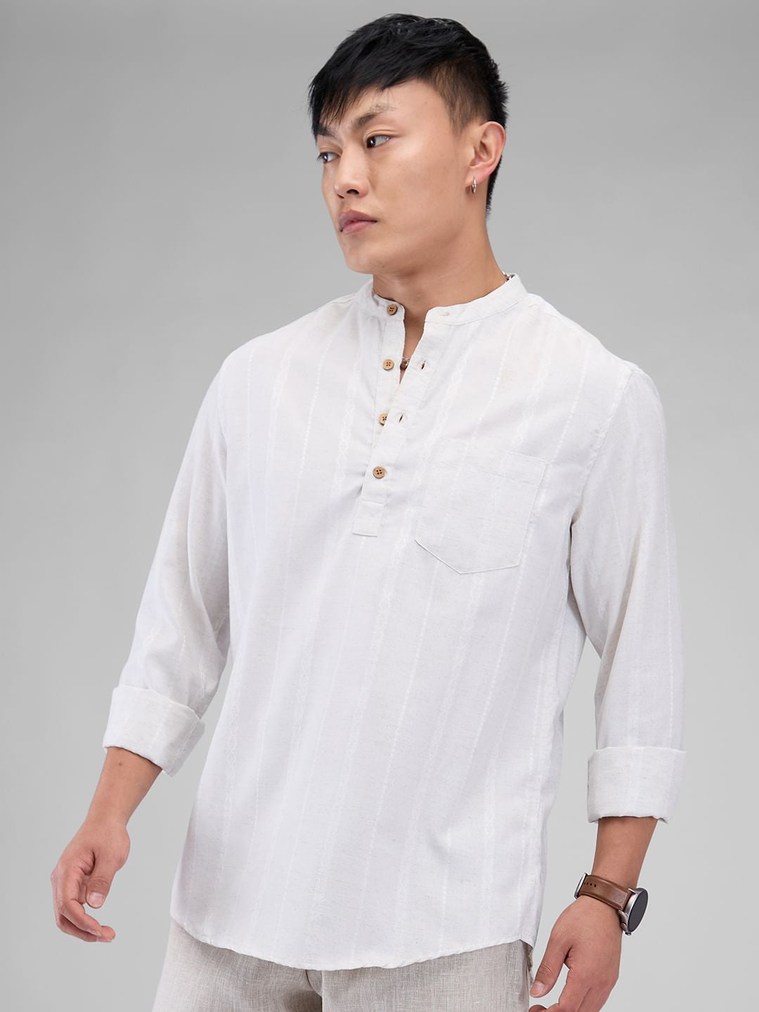 Grey Melange Dobby Striped Kurta