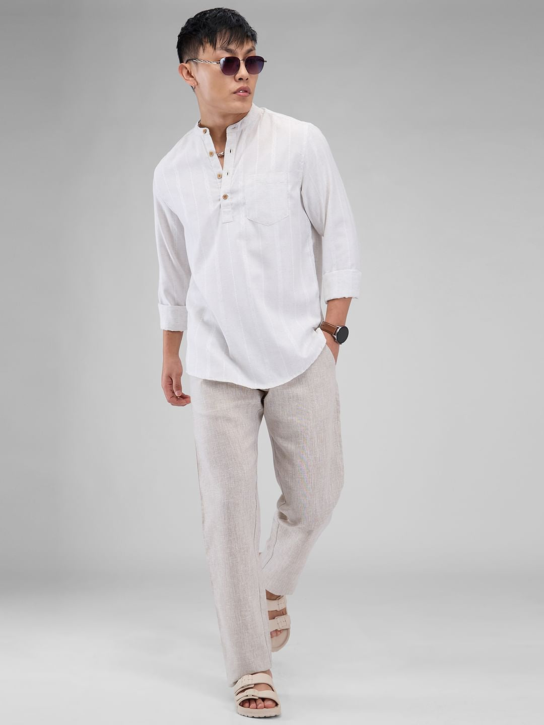 Grey Melange Dobby Striped Kurta