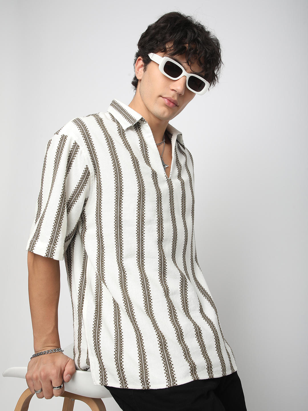 Premium Cotton White & Olive Embroidered Oversized Polo Shirt