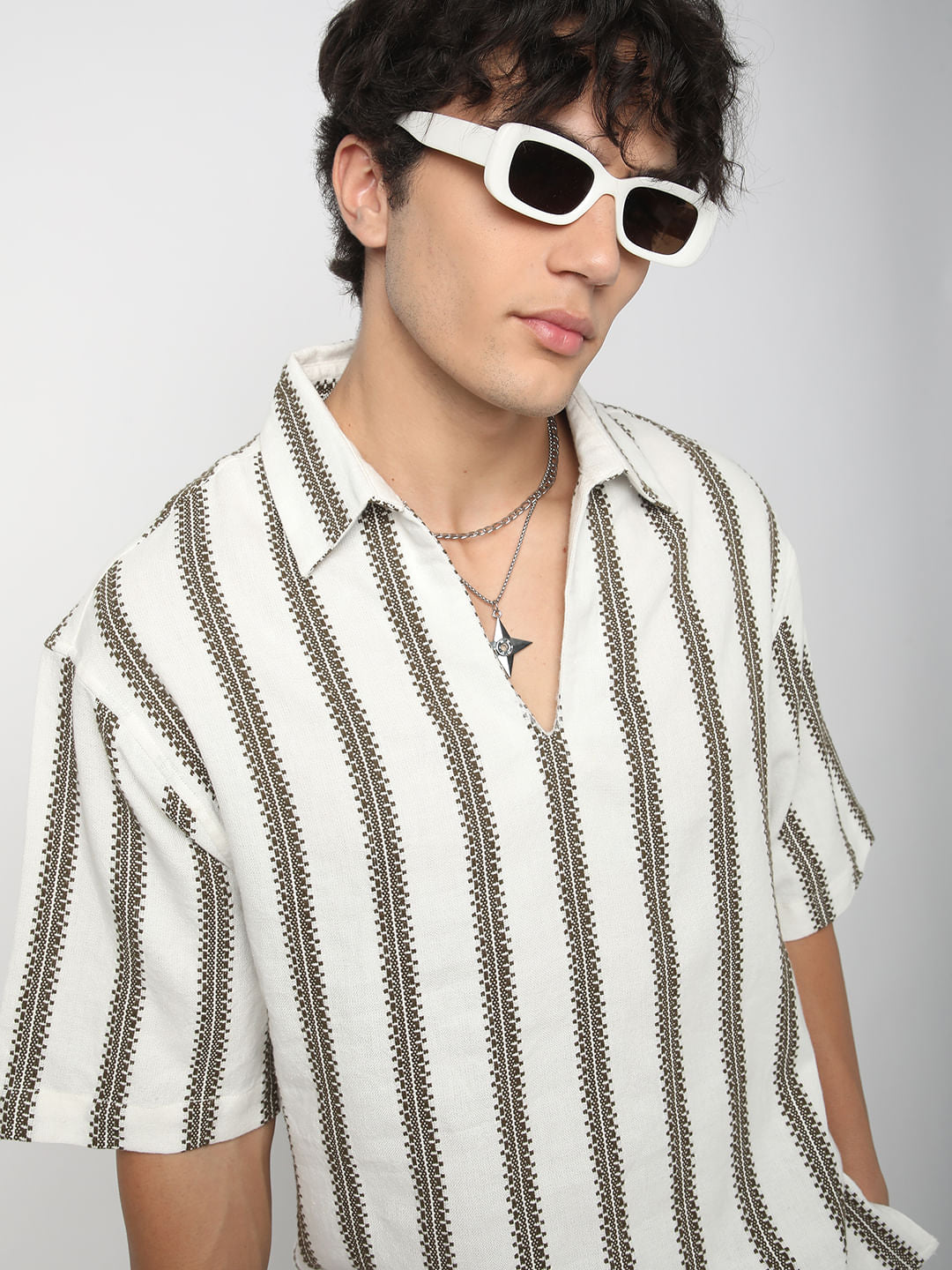 Premium Cotton White & Olive Embroidered Oversized Polo Shirt