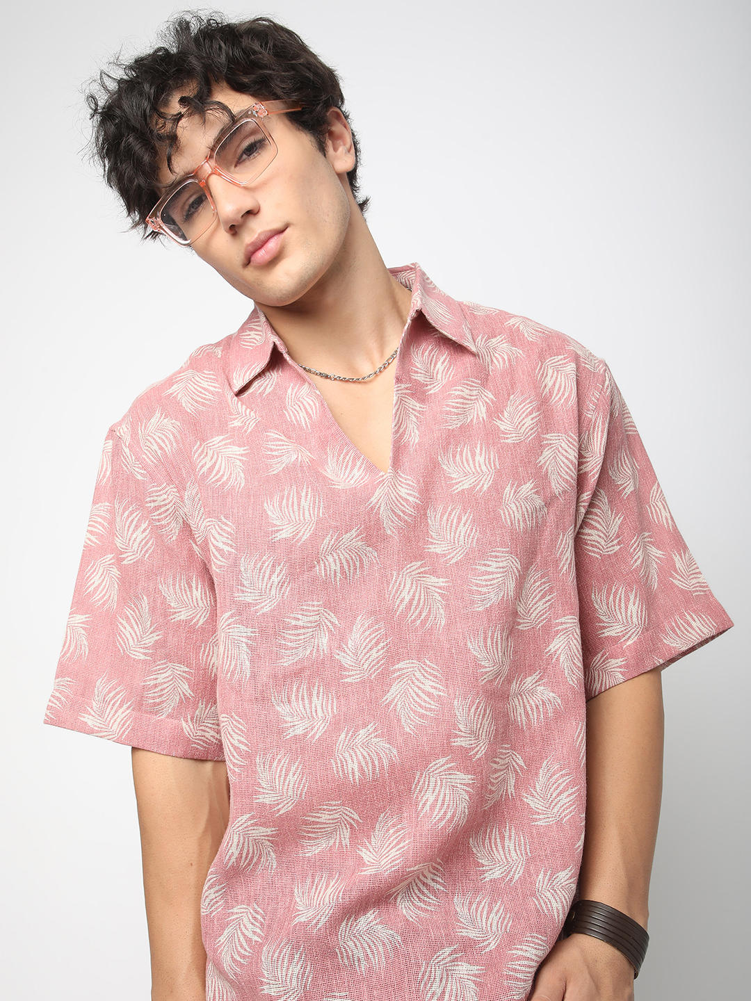 Peachy Pink Coco Leaf Printed Burlap Oversized Polo Shirt