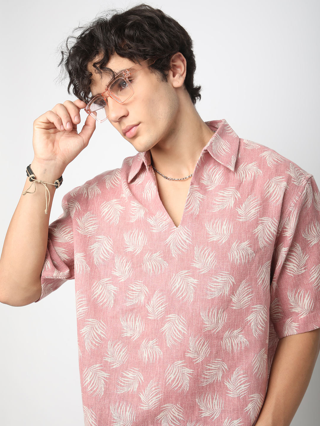 Peachy Pink Coco Leaf Printed Burlap Oversized Polo Shirt