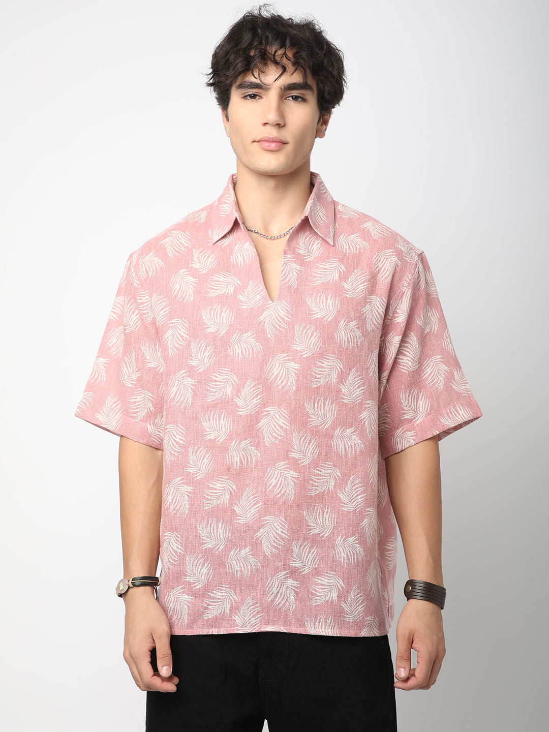 Peachy Pink Coco Leaf Printed Burlap Oversized Polo Shirt