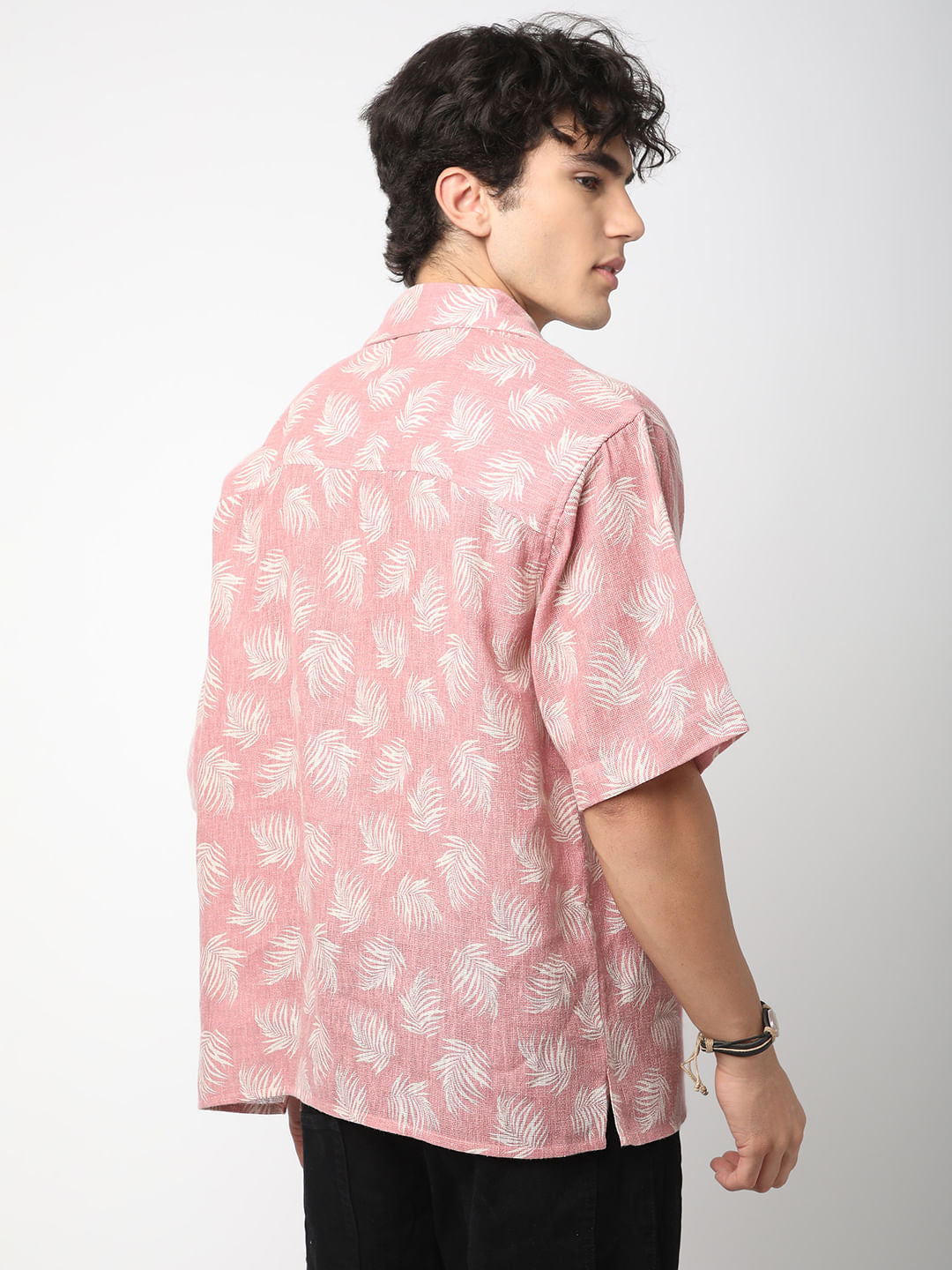 Peachy Pink Coco Leaf Printed Burlap Oversized Polo Shirt