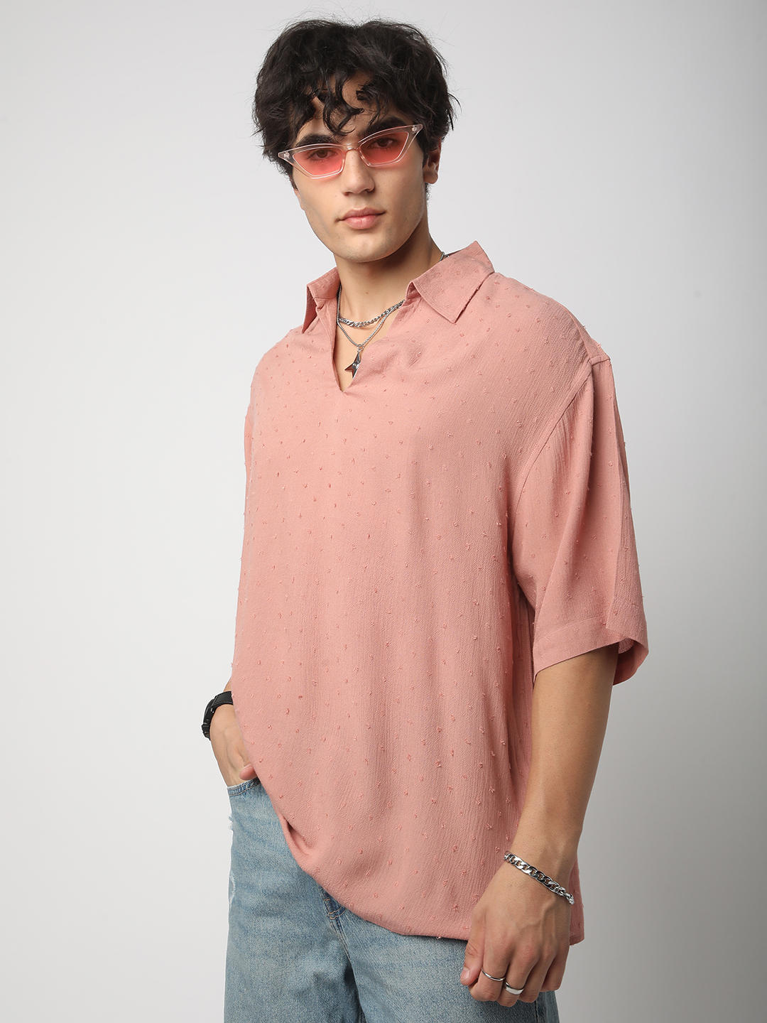 Premium Cotton Peach Ditsy Dobby Oversized Polo Shirt