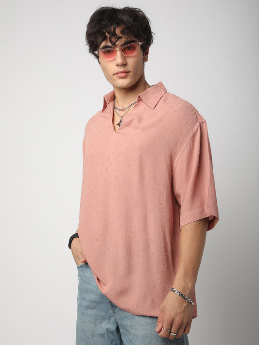 Premium Cotton Peach Ditsy Dobby Oversized Polo Shirt