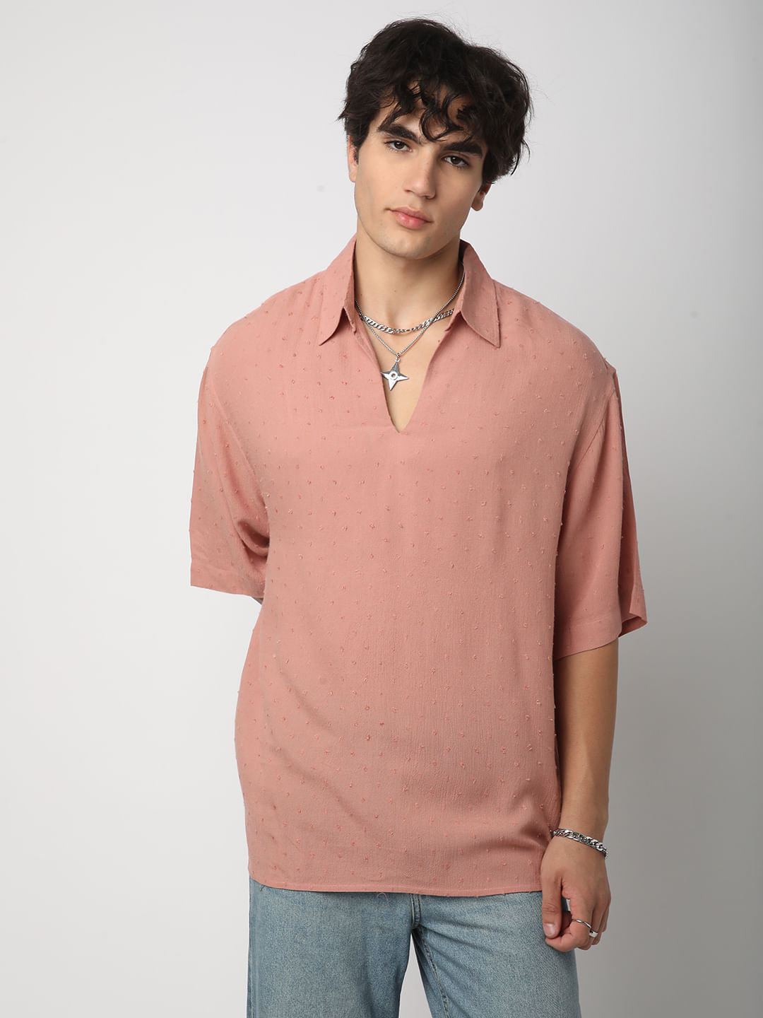 Premium Cotton Peach Ditsy Dobby Oversized Polo Shirt