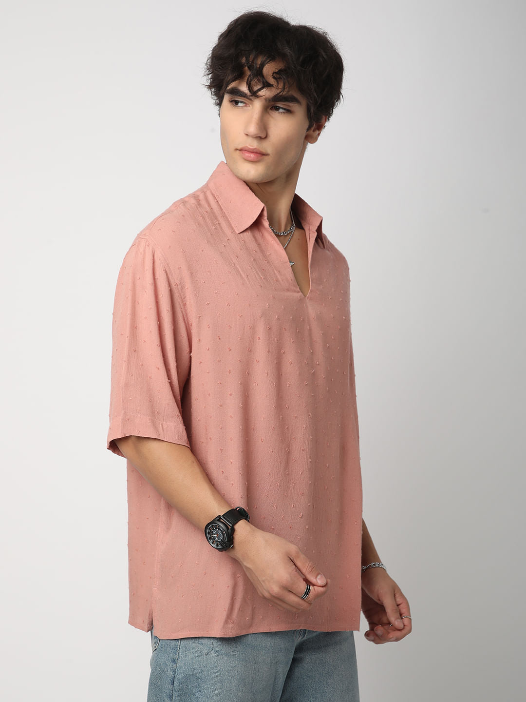 Premium Cotton Peach Ditsy Dobby Oversized Polo Shirt