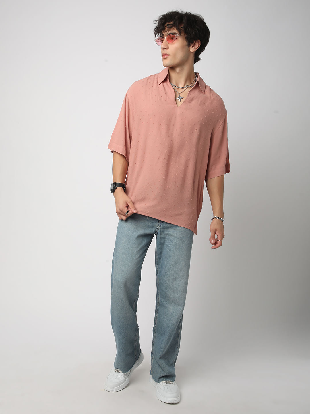 Premium Cotton Peach Ditsy Dobby Oversized Polo Shirt