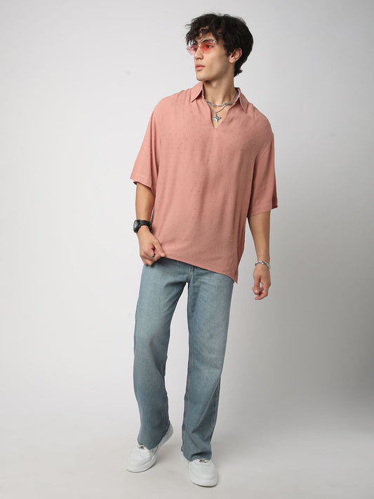 Premium Cotton Peach Ditsy Dobby Oversized Polo Shirt