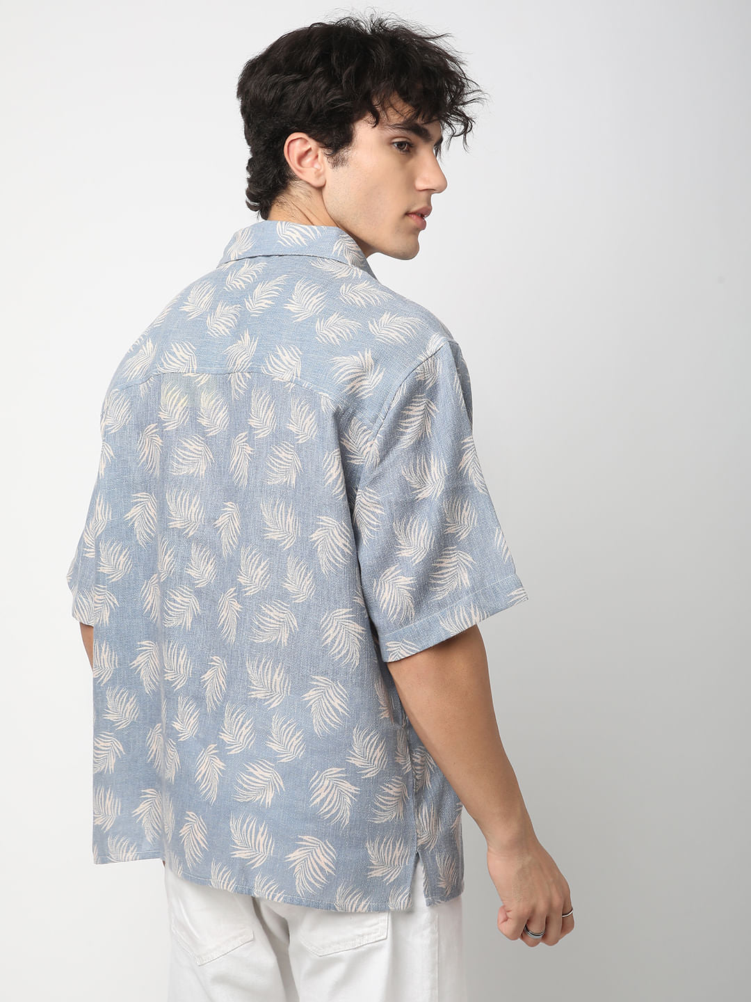 Powder Blue Coco Leaf Printed Burlap Oversized Polo Shirt