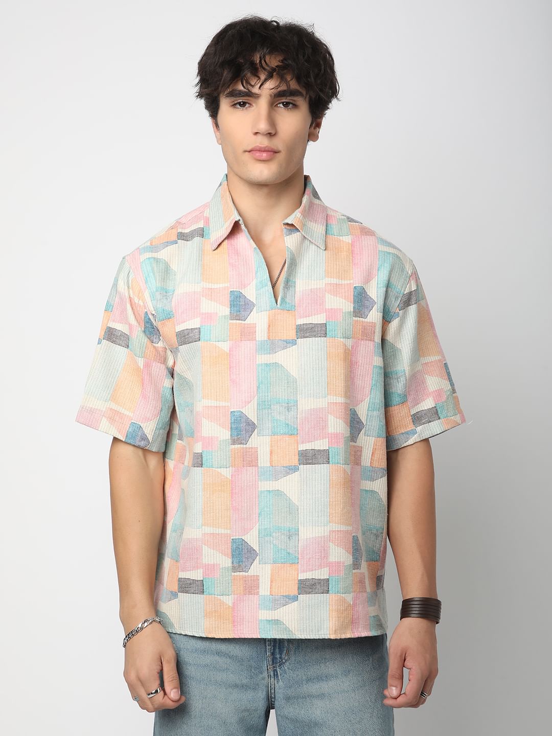 Soft Pastel Hues Abstract Printed Oversized Polo Shirt