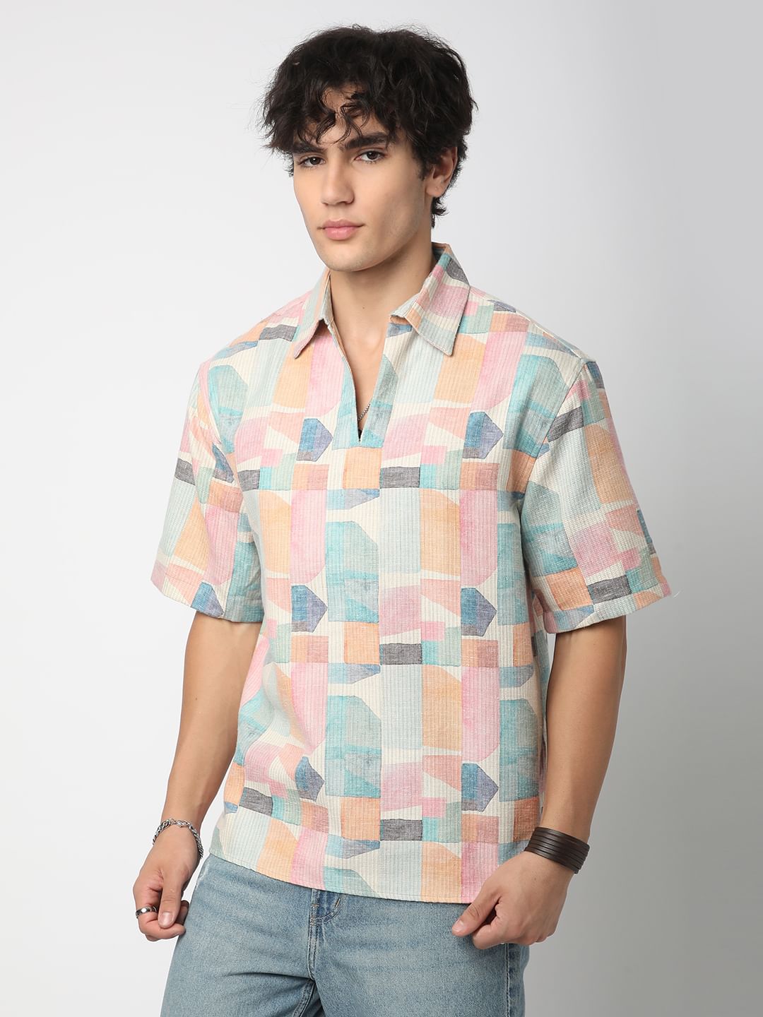 Soft Pastel Hues Abstract Printed Oversized Polo Shirt