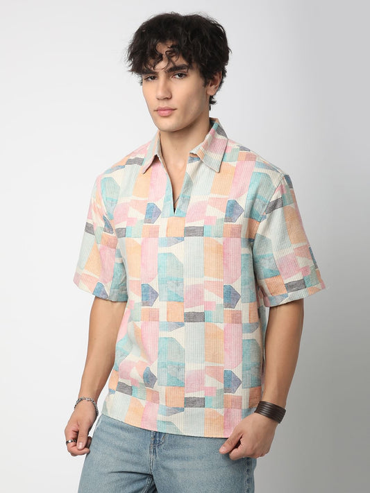Soft Pastel Hues Abstract Printed Oversized Polo Shirt