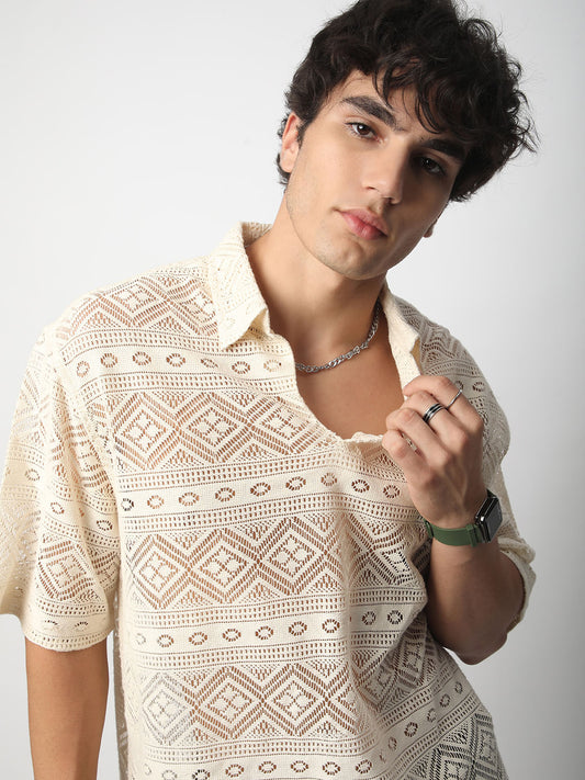 Finesse Ivory Breezy Mesh Oversized Polo Shirt