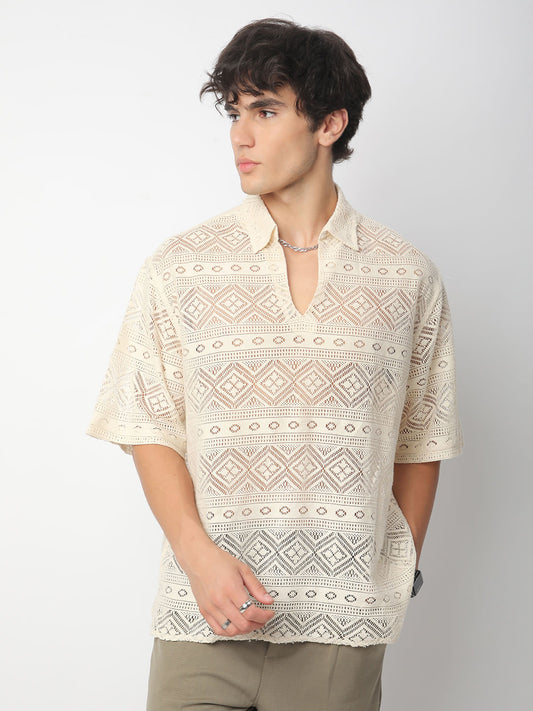 Finesse Ivory Breezy Mesh Oversized Polo Shirt