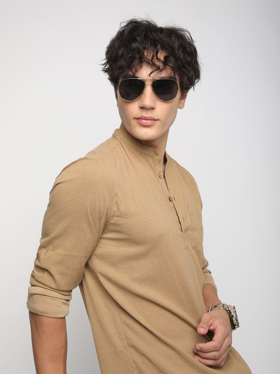 Khaki Horizontal Striped Seersucker Kurta
