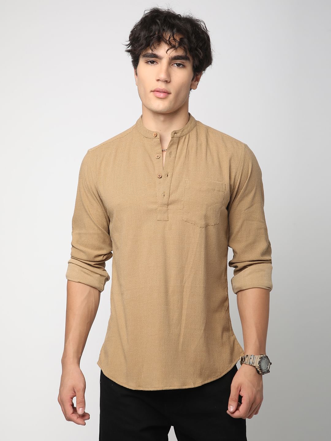 Khaki Horizontal Striped Seersucker Kurta
