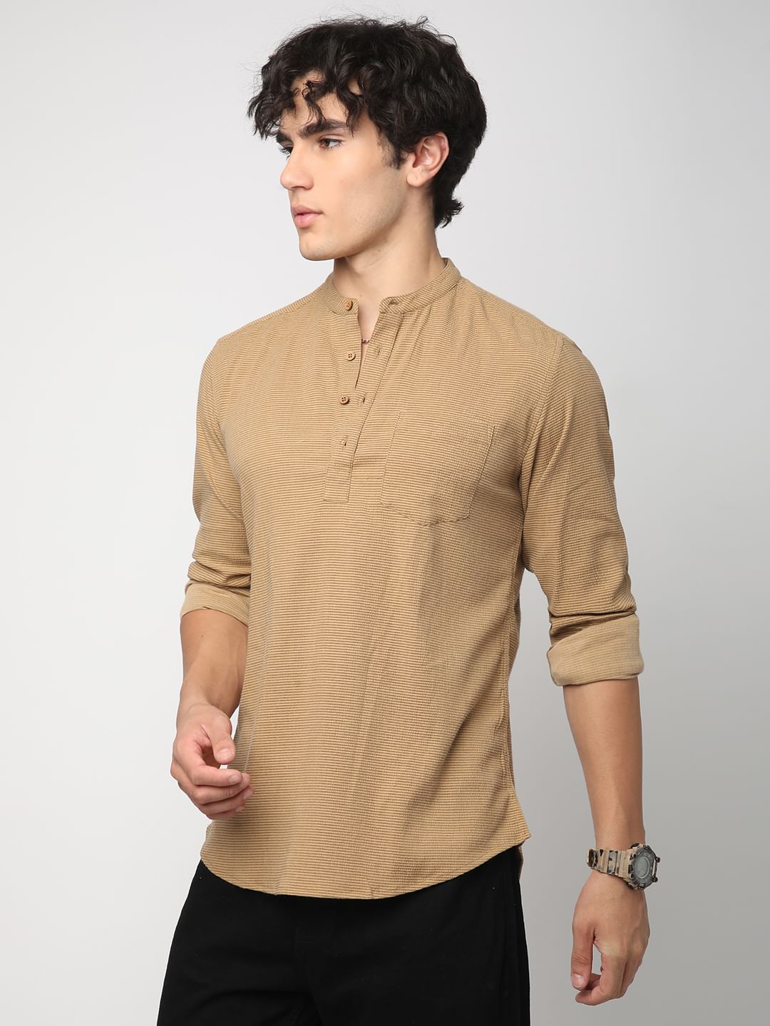 Khaki Horizontal Striped Seersucker Kurta