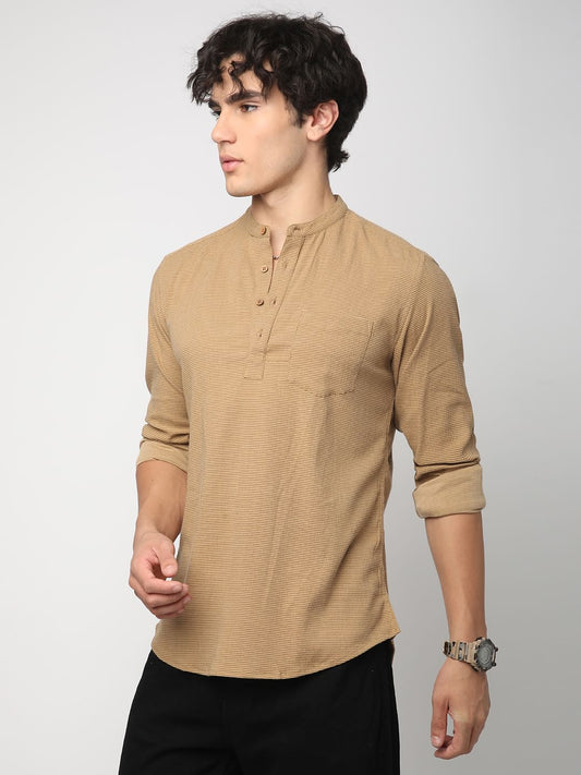 Khaki Horizontal Striped Seersucker Kurta