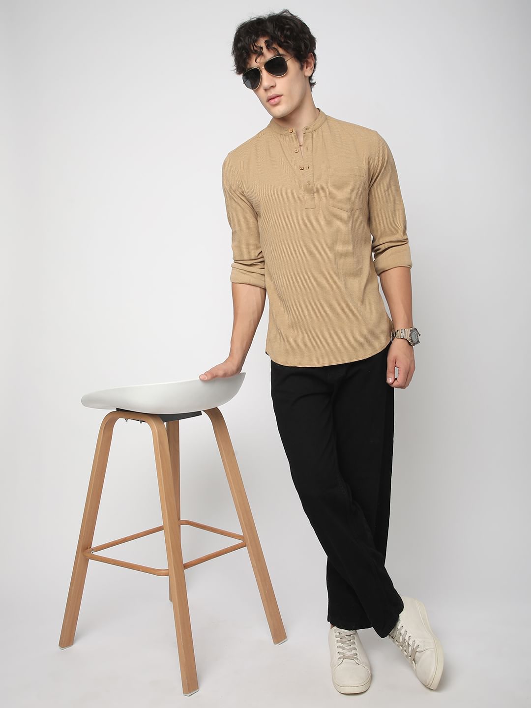 Khaki Horizontal Striped Seersucker Kurta