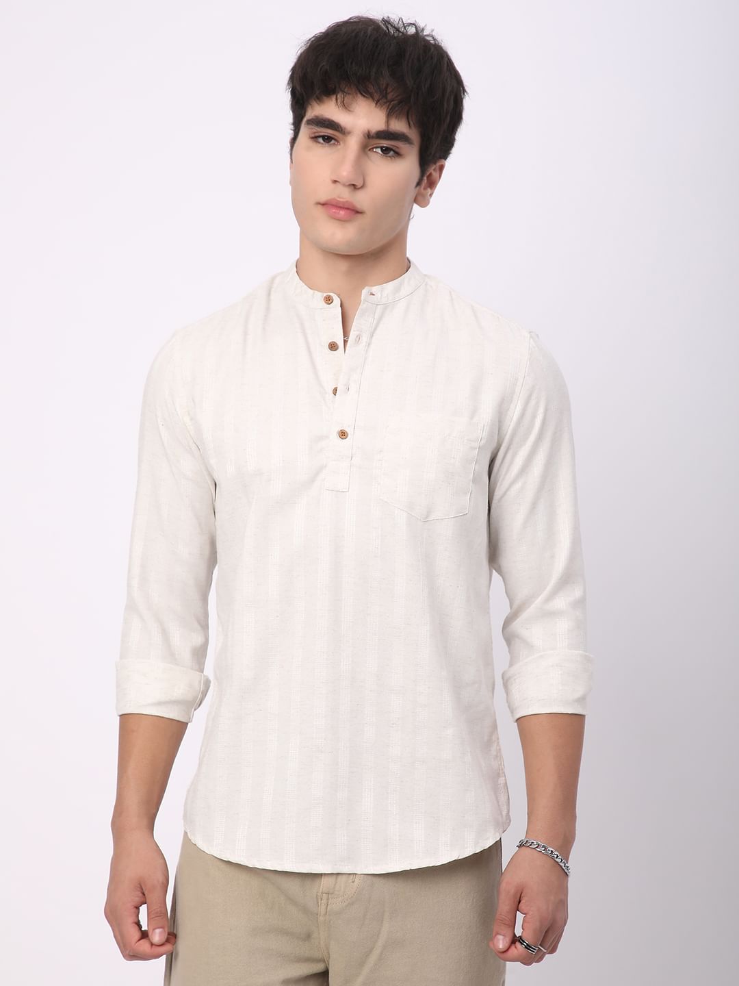 Ivory Dobby Striped Textured Kurta