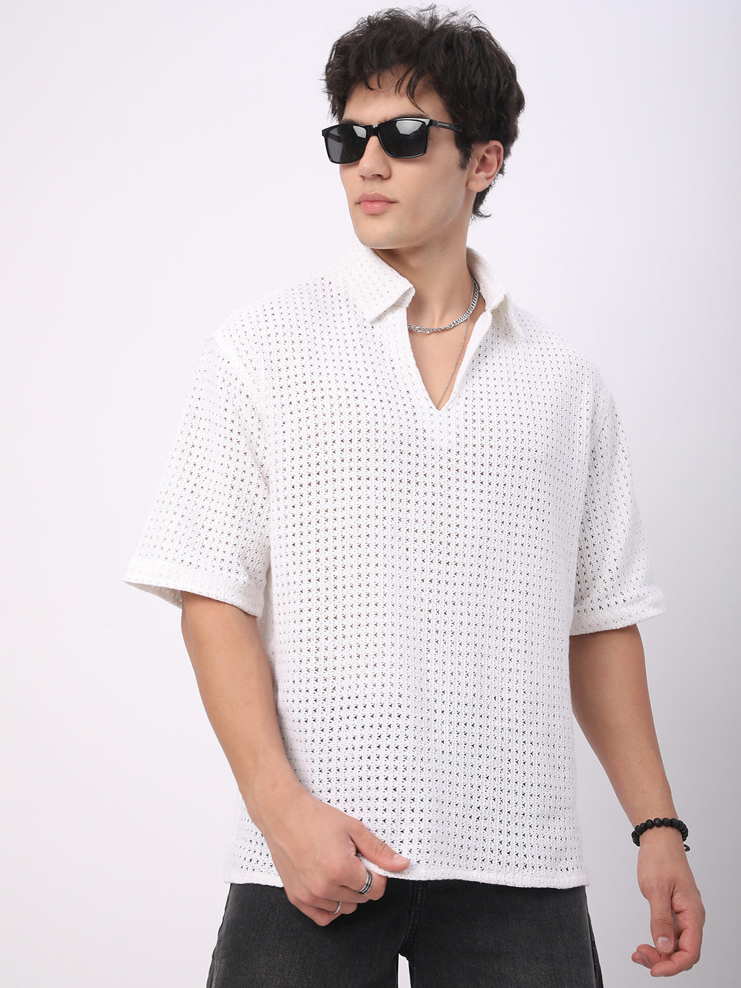 White Crochet Oversized Polo Shirt