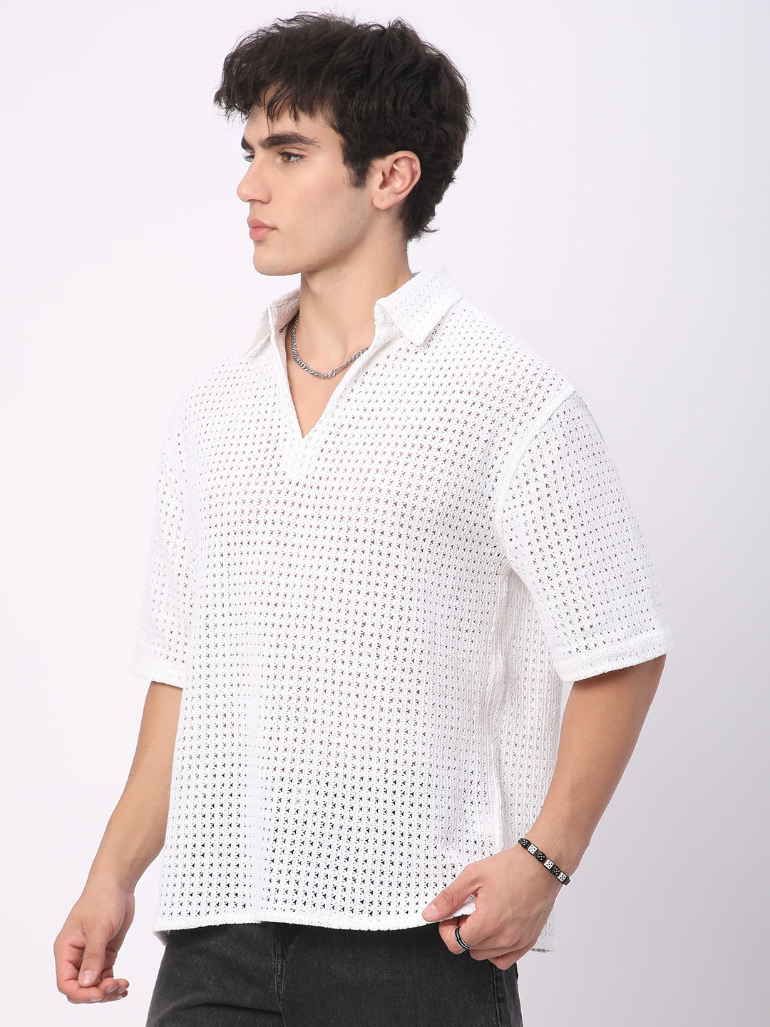 White Crochet Oversized Polo Shirt
