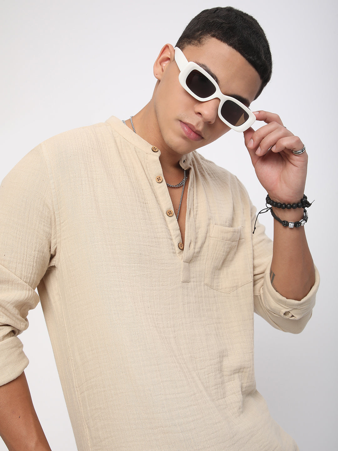 Tan Beige Double Cloth Crinkled Kurta