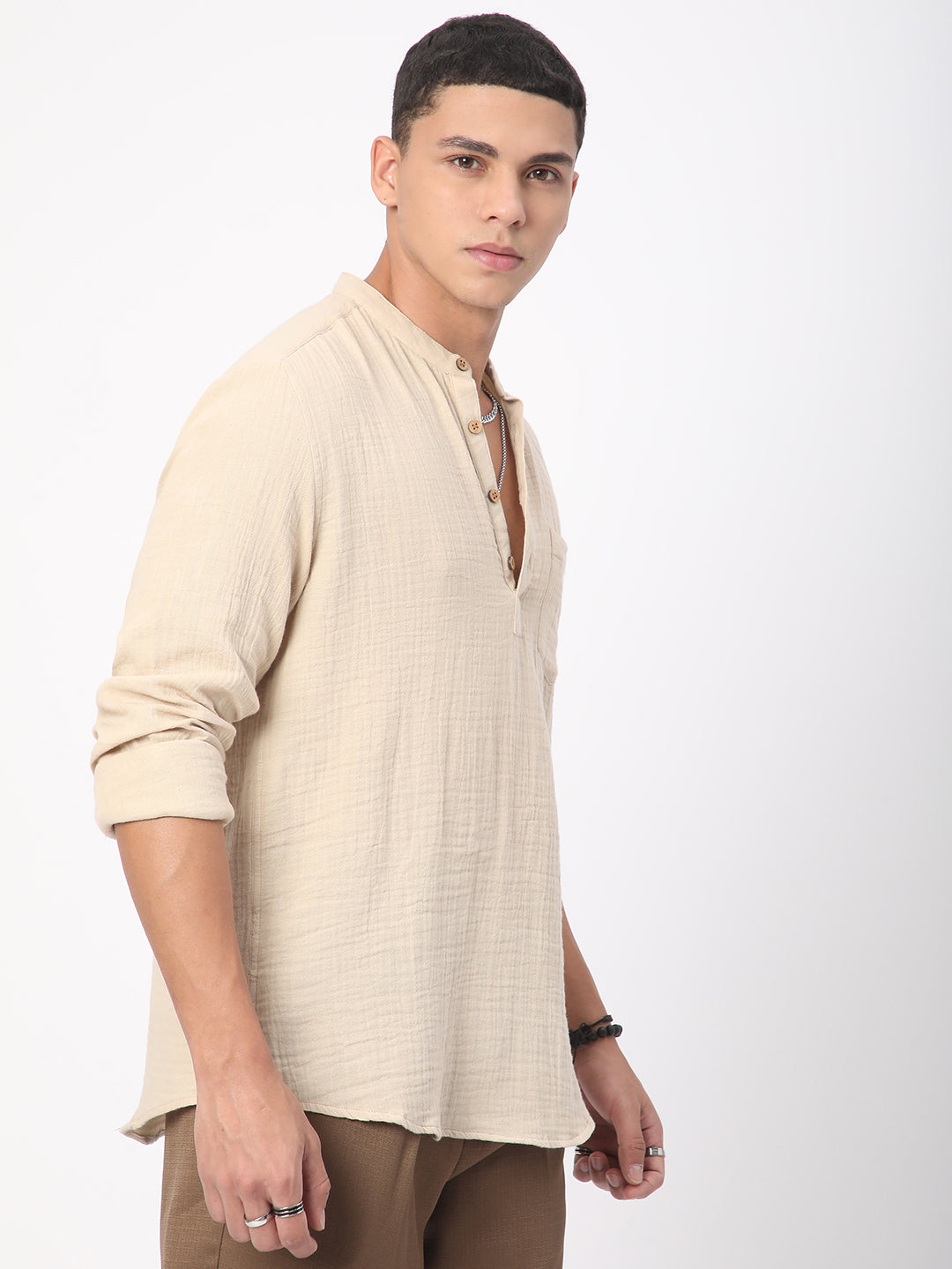 Tan Beige Double Cloth Crinkled Kurta