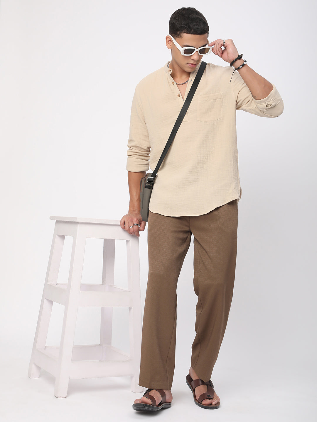 Tan Beige Double Cloth Crinkled Kurta