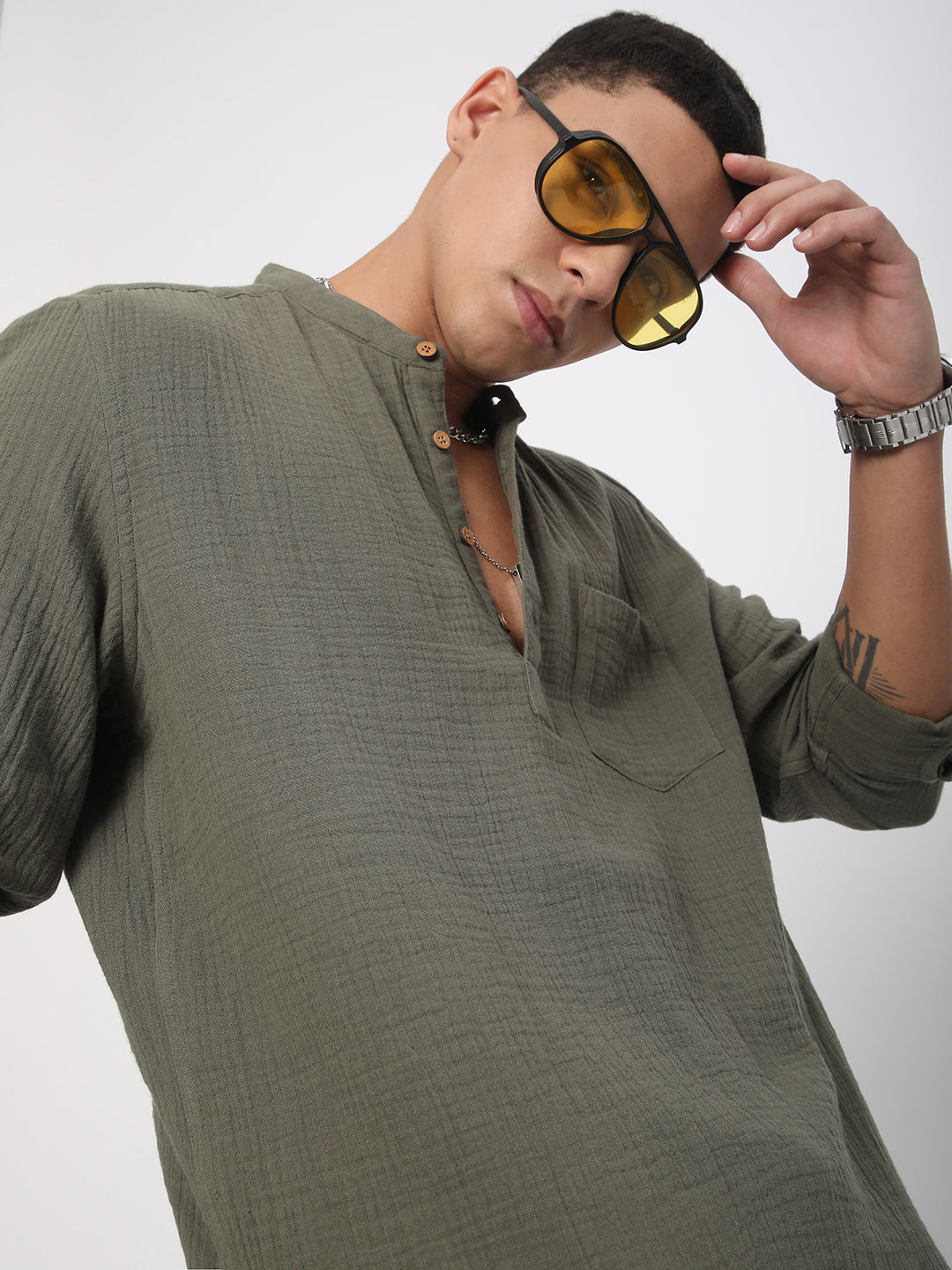 Olive Double Cloth Crinkled Kurta