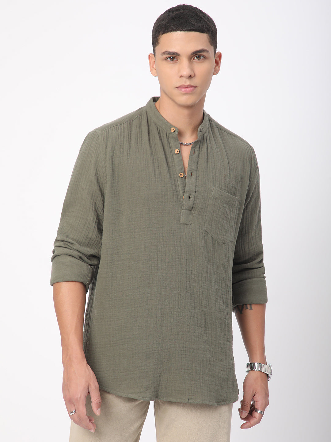 Olive Double Cloth Crinkled Kurta