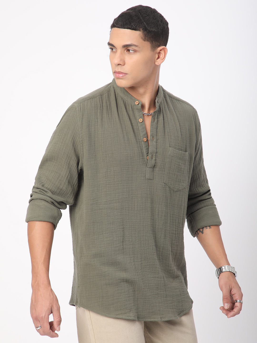 Olive Double Cloth Crinkled Kurta